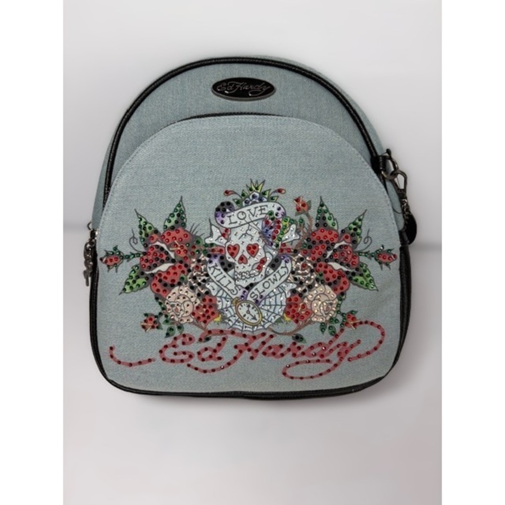 Ed Hardy Backpack Rhinestone Skull Denim Y2K Vintage Rocker Grunge Aesthetic Art